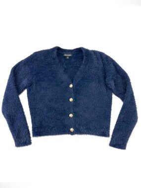 Banana Republic navy fuzzy cardigan Womens S gold military buttons vneck cozy